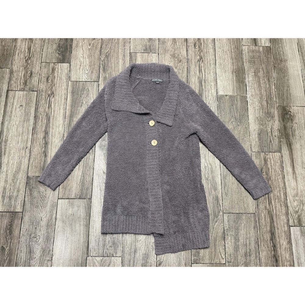 Barefoot Dreams Fuzzy Cardigan Sweater Women's Medium Gray CozyChic Button READ